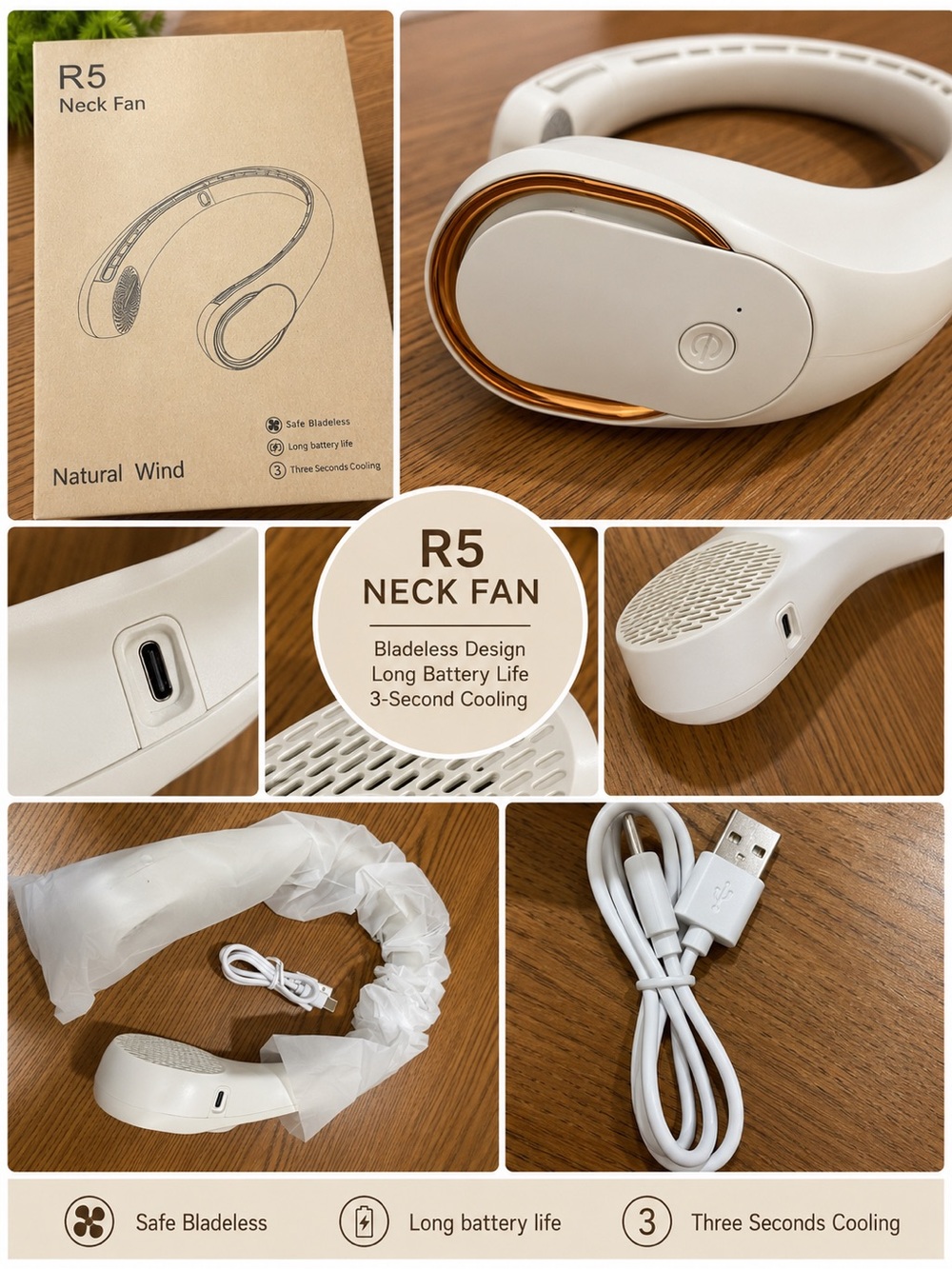 Neck Fan — White & Gold Portable Bladeless Neck Fan